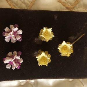 5 piece set Vintage 70s SET Yellow and Pink Clip-on Flower Earrings and Hair pin